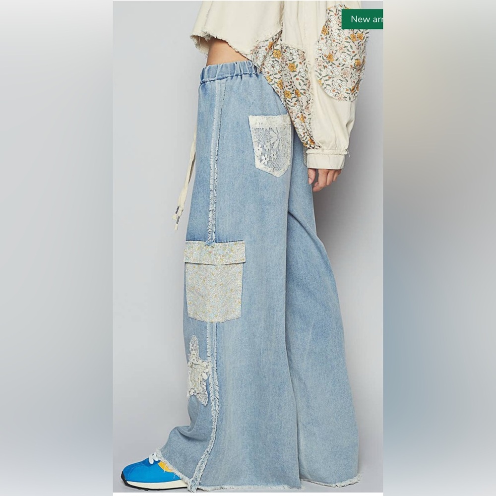 POL Light Blue Flare Jeans Star Patches Fabric Pockets Elastic Drawstring Waist - Picture 10 of 15